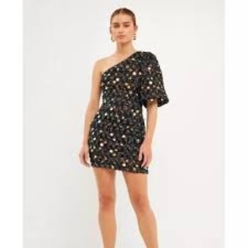 Endless Rose Women's Tulle One-Shoulder Celebration Sexy Sequin Large Mini Dress